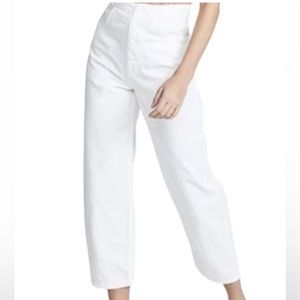 Nili Lotan Toledo Cotton Denim Button Fly High Rise Barrel Leg Crop Raw Hem Jean